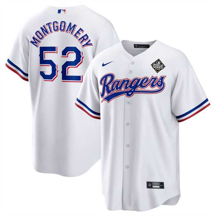 Men's Texas Rangers #52 Jordan Montgomery White 2023 World Series Stitched Baseball Jersey Dzhi